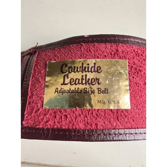 Vtg Burgundy Cowhide Leather Belt 40” Gold Tone Buckle Adjustable Made in USA - Picture 12 of 15